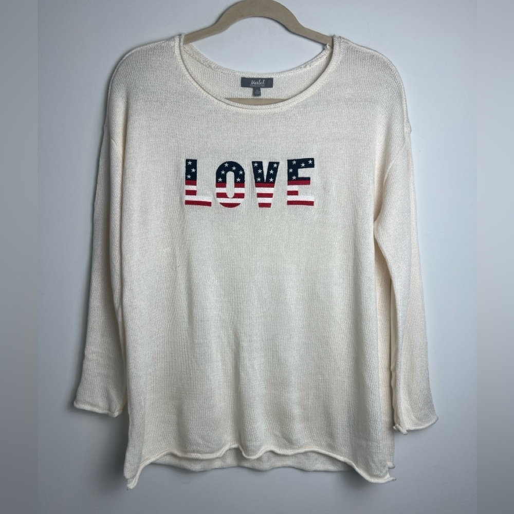 Marled Size 2X Cream‎ LOVE Red White & Blue Graphic Lightweight Sweater